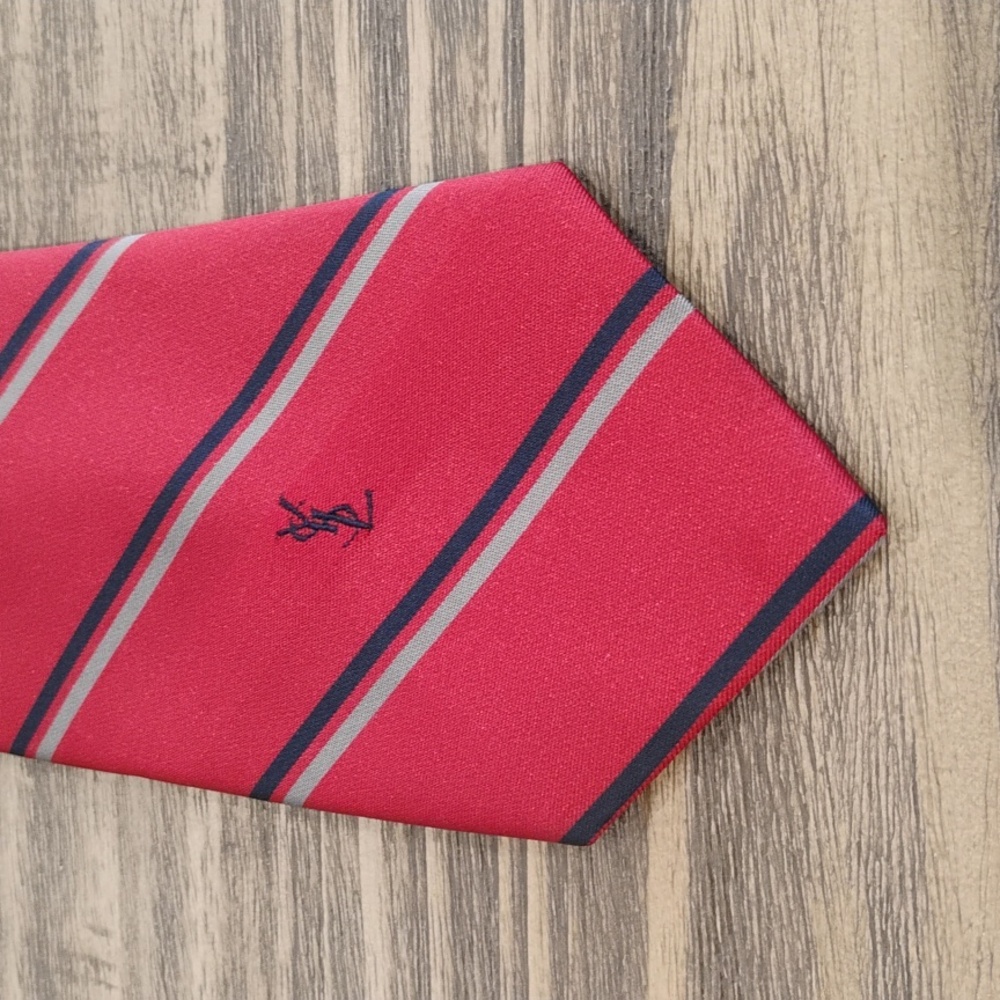 Yves Saint Laurent YSL red tie with navy and grey striped pattern and monogram
